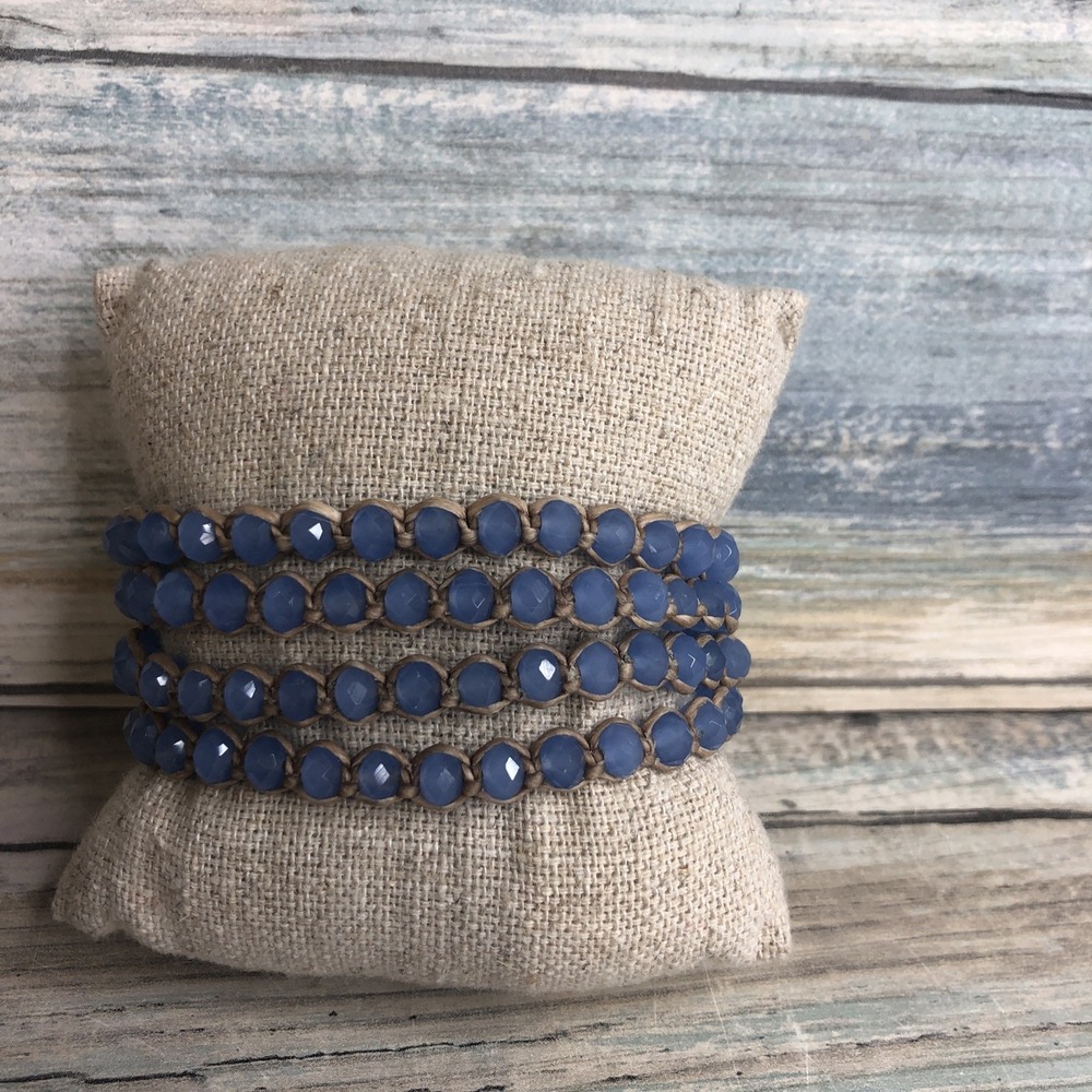 Periwinkle‎ Blue Crystal Wrap Bracelet 30" NWOT Knotted Tan Cord